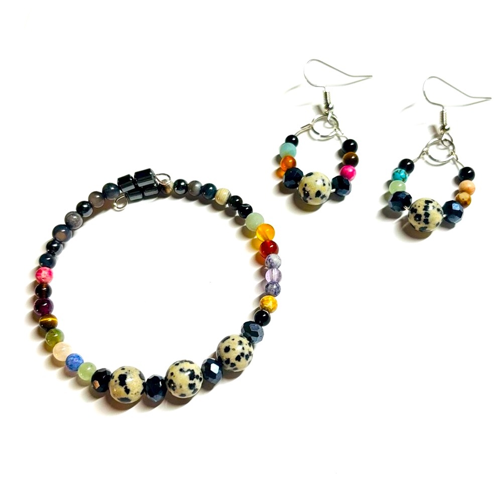 Dalmatian Jasper & Assorted Multicolor Gemstone Beaded Bracelet & Earrings Set